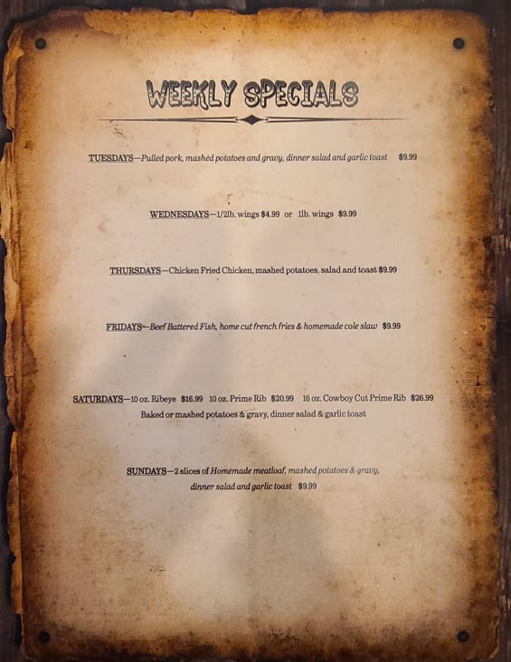 Weekly Specials Menu